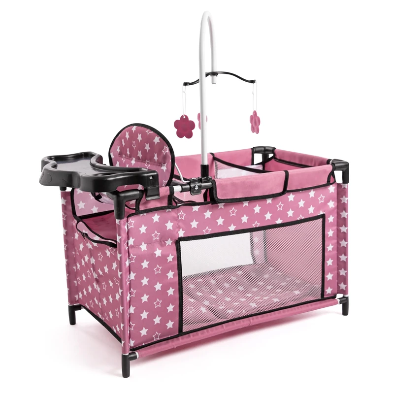 Bayer Design 62676AA Doll bed with integrated high chair, changing table, mobile, black, pink