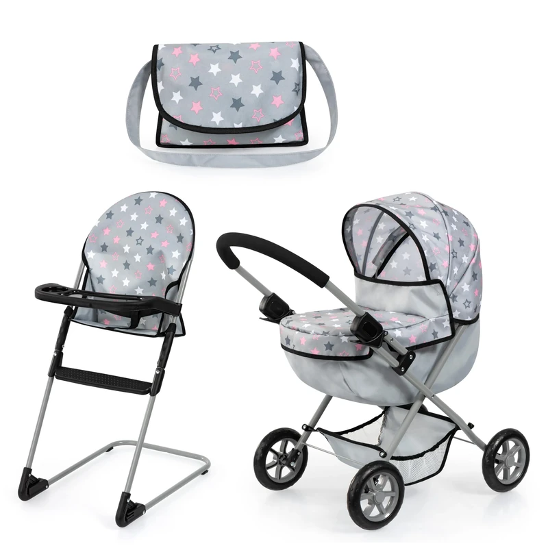 Bayer Design 13707AB Dolls pram, doll stroller, carriage pram, foldable, with highchair, bag, Grey
