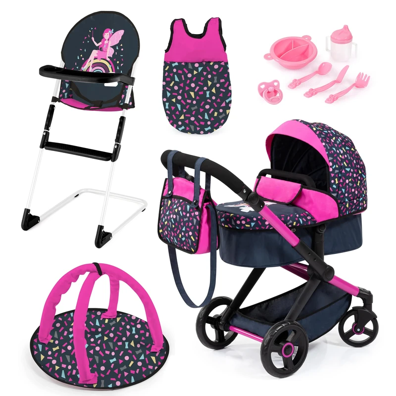 Bayer Design 17080AB Dolls pram XEO, doll stroller, carriage pram with highchair, bag, sleeping bag, baby gym, accessories
