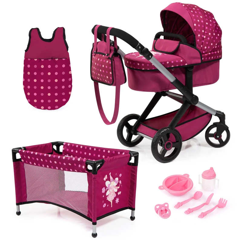 Bayer Design 17067AB Dolls pram XEO, doll stroller, carriage pram with bed, bag, sleeping bag, accessories