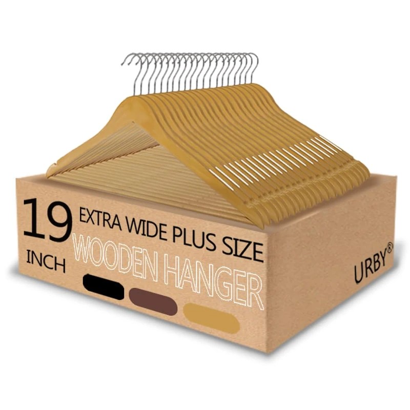 Urby Extra Wide Hangers for Plus Size Clothes, Ganchos para Colgar Ropa,19 Inch Plus Size Hangers Ideal for XL, XXL Shirts, Coats, Dresses, Etc. Wood. Natural 20pk