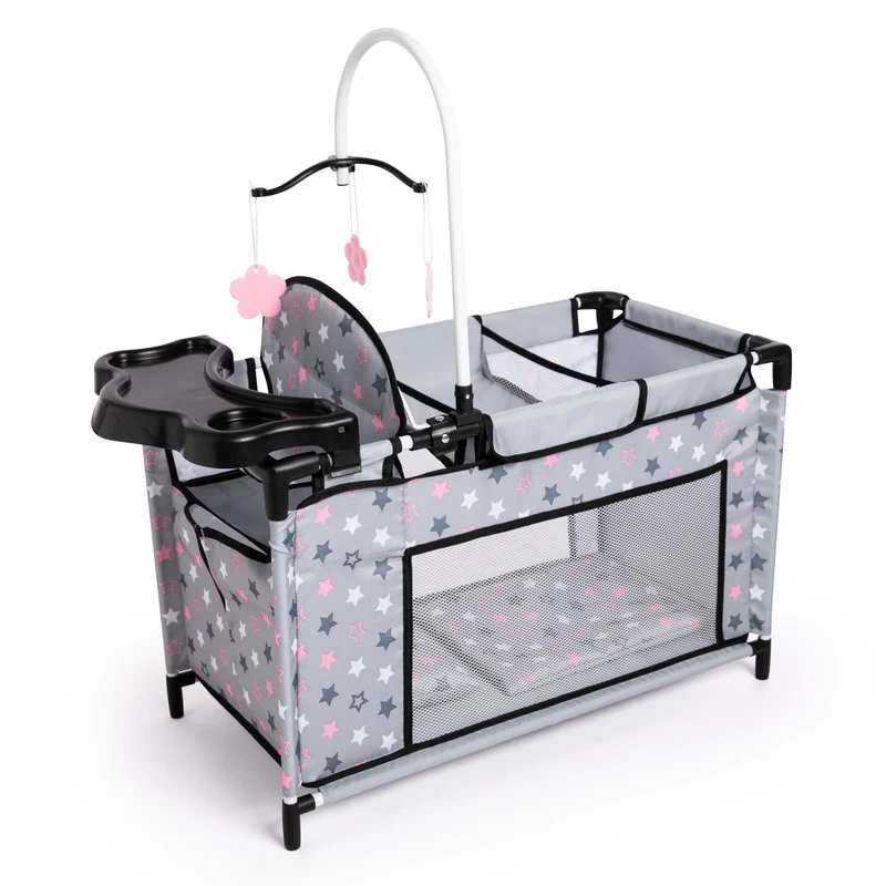 Bayer Design 62607AA Doll bed with integrated high chair, changing table, mobile, jeans-grey, pink