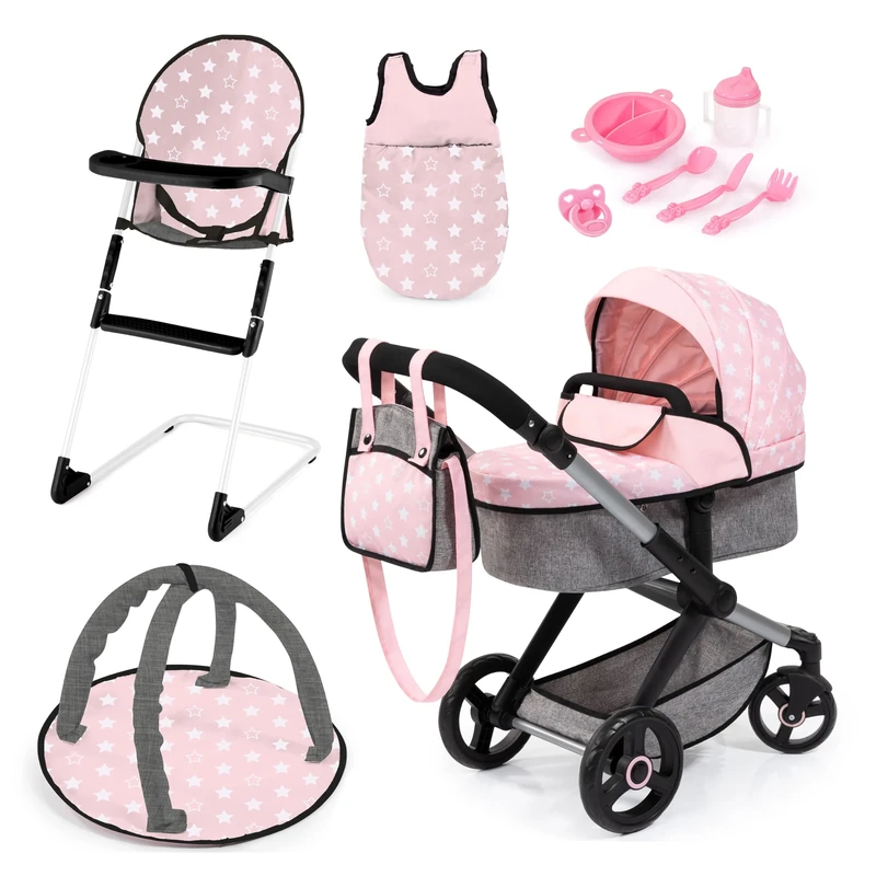 Bayer Design 17030AB Dolls pram XEO, doll stroller, carriage pram with highchair, bag, sleeping bag, baby gym, accessories, Pink