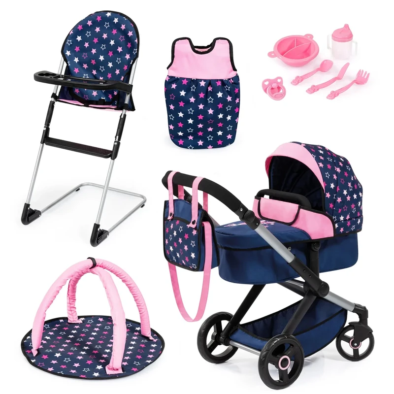 Bayer Design 17016AD Dolls pram XEO, doll stroller, carriage pram with highchair, bag, sleeping bag, baby gym, accessories