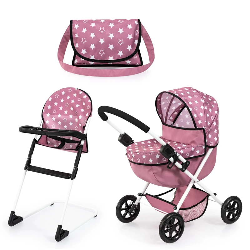 Bayer Design 13776AB Dolls pram, doll stroller, carriage pram, foldable, with highchair, bag