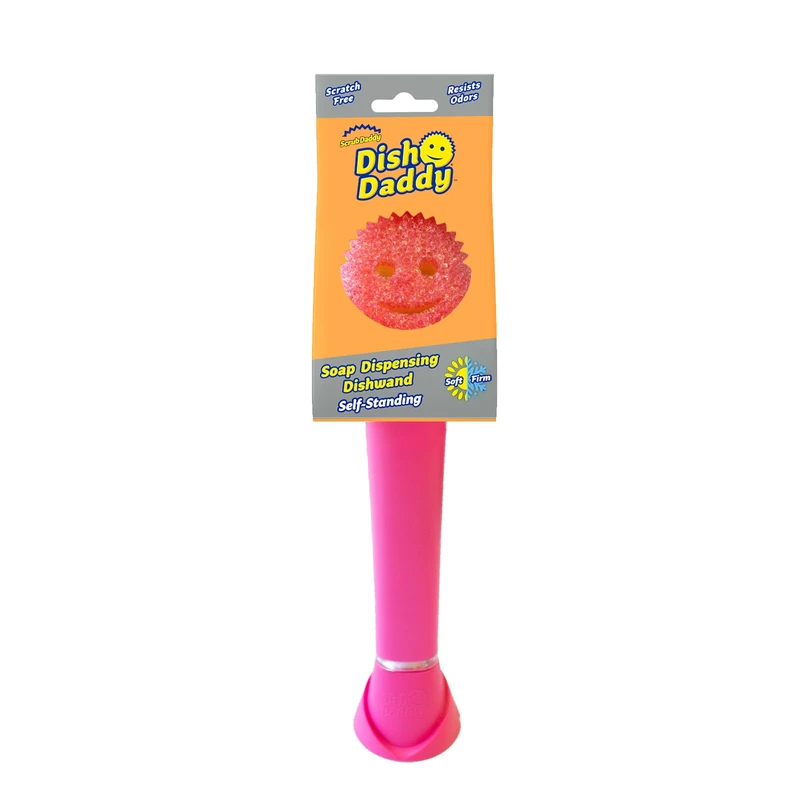 Scrub Daddy Dish Wand Scrubbing Brush with Handle, Soap Dispensing Dish Brushes, Texture Changing Washing Up Sponges With Liquid Dispenser, Scrubber with Scraper & Detachable Head Sponge, Pink