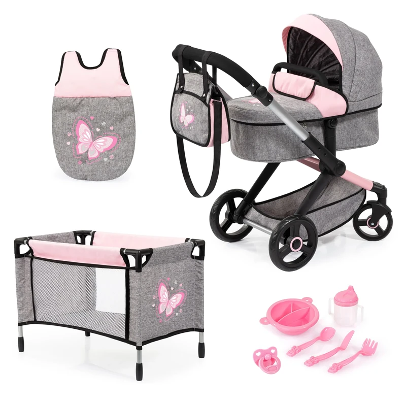 Bayer Design 17033AD Dolls pram XEO, doll stroller, carriage pram with bed, bag, sleeping bag, accessories, Pink