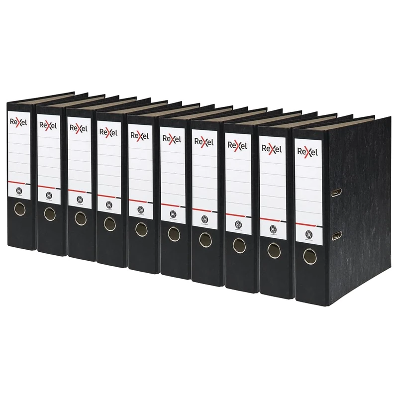10 x Rexel A4 Lever Arch Files, Black, 500 Sheets Capacity, 75 mm Spine Width, Strong & Durable Paper on Board, Ideal for Filing and Archiving at Home, School and The Office, AZ2115547