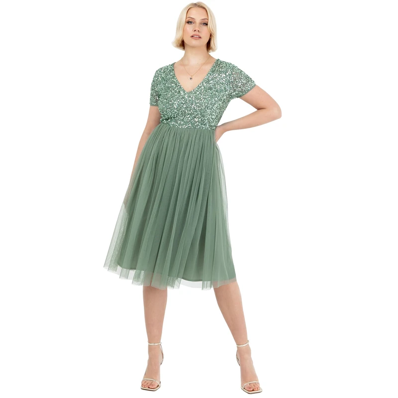 Maya Deluxe Women's Embellished Midi Evening Dress Ladies V Neckline with Short Sleeve for Prom Wedding Bridesmaid, Deep Mint, 10