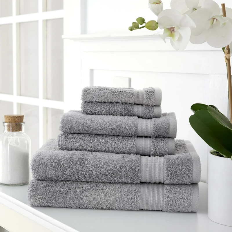 Martha Stewart Egyptian Cotton Towel Set - 6 Piece, 500 GSM, Plush Bath Towel Set, 2 Bath Towels, 2 Hand Towels, 2 Washcloths, Bathroom Essentials, Dark Grey