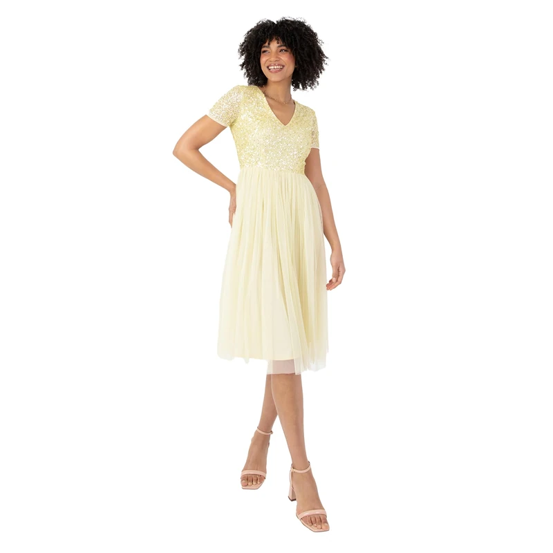Maya Deluxe Women's Embellished Midi Evening Dress Ladies V Neckline with Short Sleeve for Prom Wedding Bridesmaid, Lemon, 28