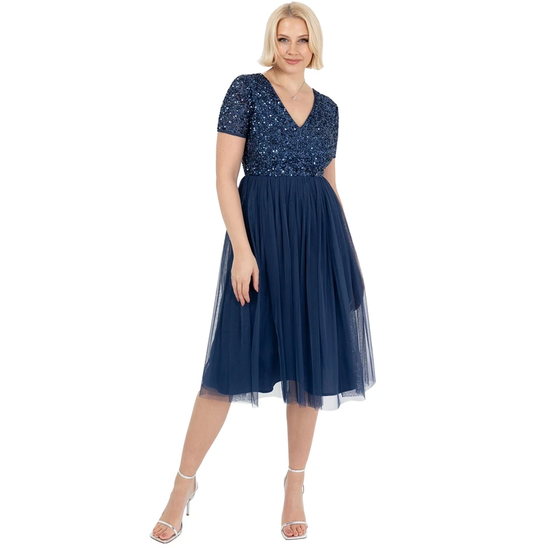 Maya Deluxe Women's Embellished Midi Evening Dress Ladies V Neckline with Short Sleeve for Prom Wedding Bridesmaid, French Navy, 8