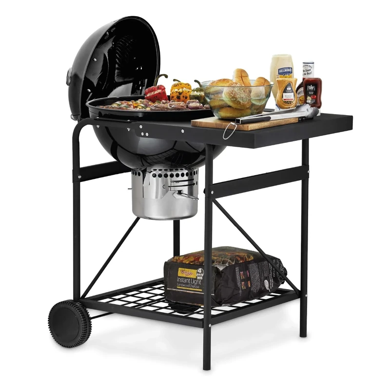 Tower Kettle Grill with Built-in Side Table, Removable Lid, Storage Holder, Airflow Vent, Black