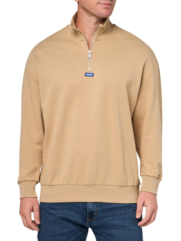 HUGO Men's Twill French Terry Quarter Zip Sweatshirt, Dunes, XL - Image 1
