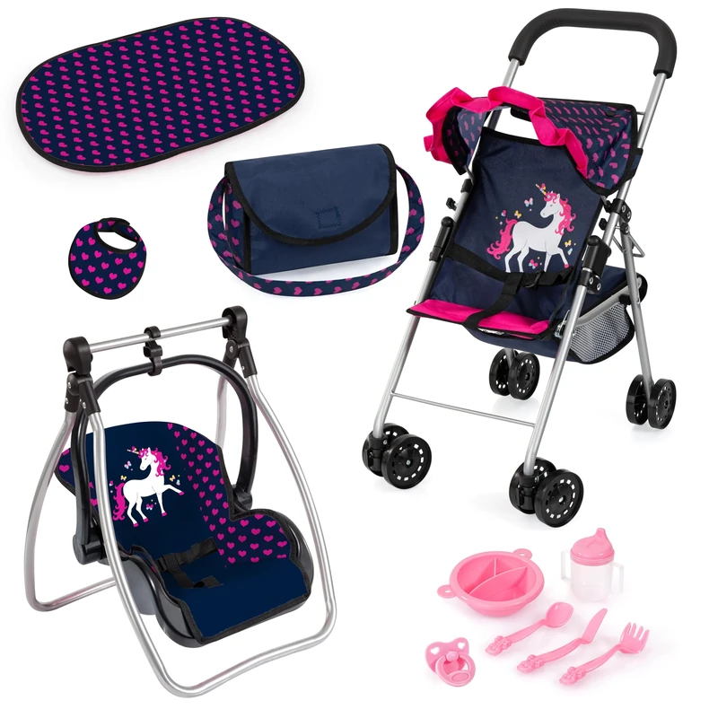 Bayer Design 21554AB Doll stroller set, pushchair, double wheels, bag, changing mat, cradle, accessories