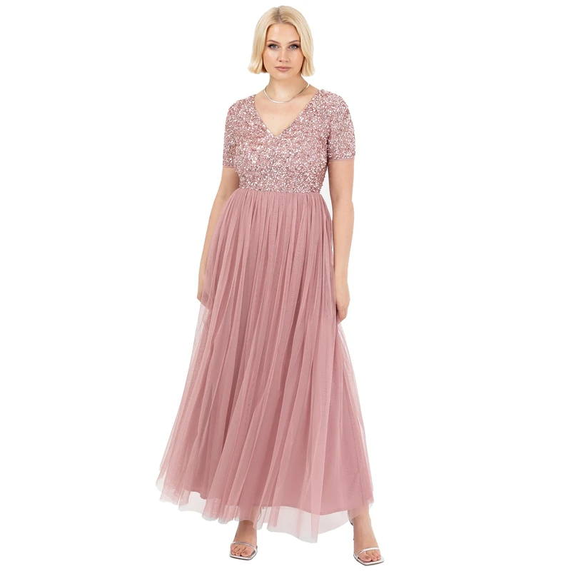 Maya Deluxe Women's Ladies Dress for Wedding Guest Plus Size Empire High Waist Sequins Short Sleeve Evening Bridesmaid, Vintage Rose, 8 - Image 1