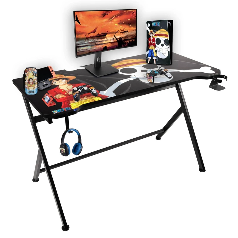 Konix One Piece Bureau Gaming 120 x 60.5 x 18 cm in Y-Shape - Plateau de Table en Bois et métal - Porte-gobelet - Support Casque - Motif Luffy - Image 1