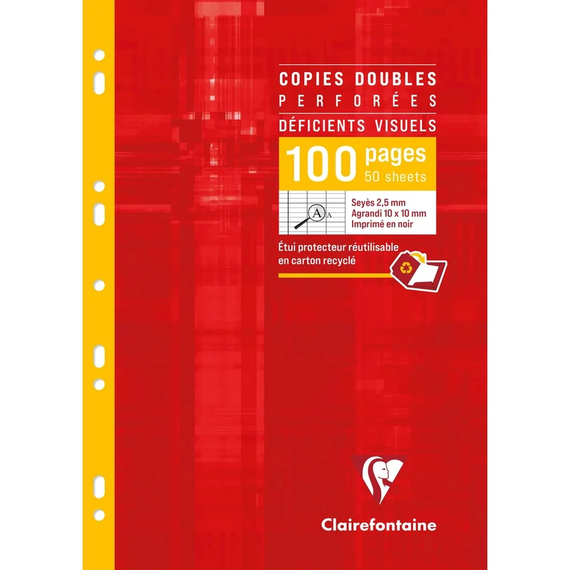 Clairefontaine 4729CPack Pack of 10 Perforated Double Sheet Cases for the Visually Impaired - A4 21x29.7 cm - 96 Pages Seyes Black Squares 2.5 mm 10/10 90 g