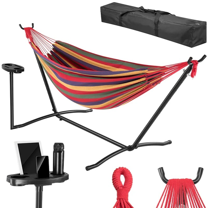 BAKAJI Brazilian Garden Hammock with Steel Stand and Cup Holder, Phone Holder and Tablet Holder with Space-Saving Serving Bag, Load Capacity 200 kg, Ideal for Outdoor and Indoor - Image 1