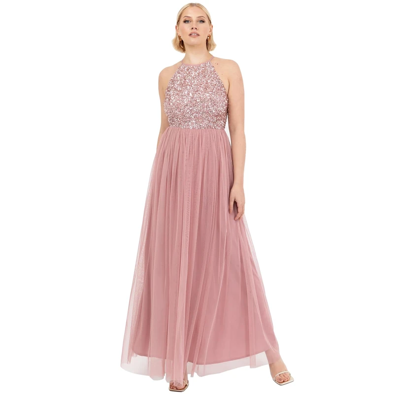 Maya Deluxe Women's Ladies Bridesmaid Maxi Dress Halter Neck Sequin Embellished Prom Graduation Wedding, Vintage Rose, 28 - Image 1
