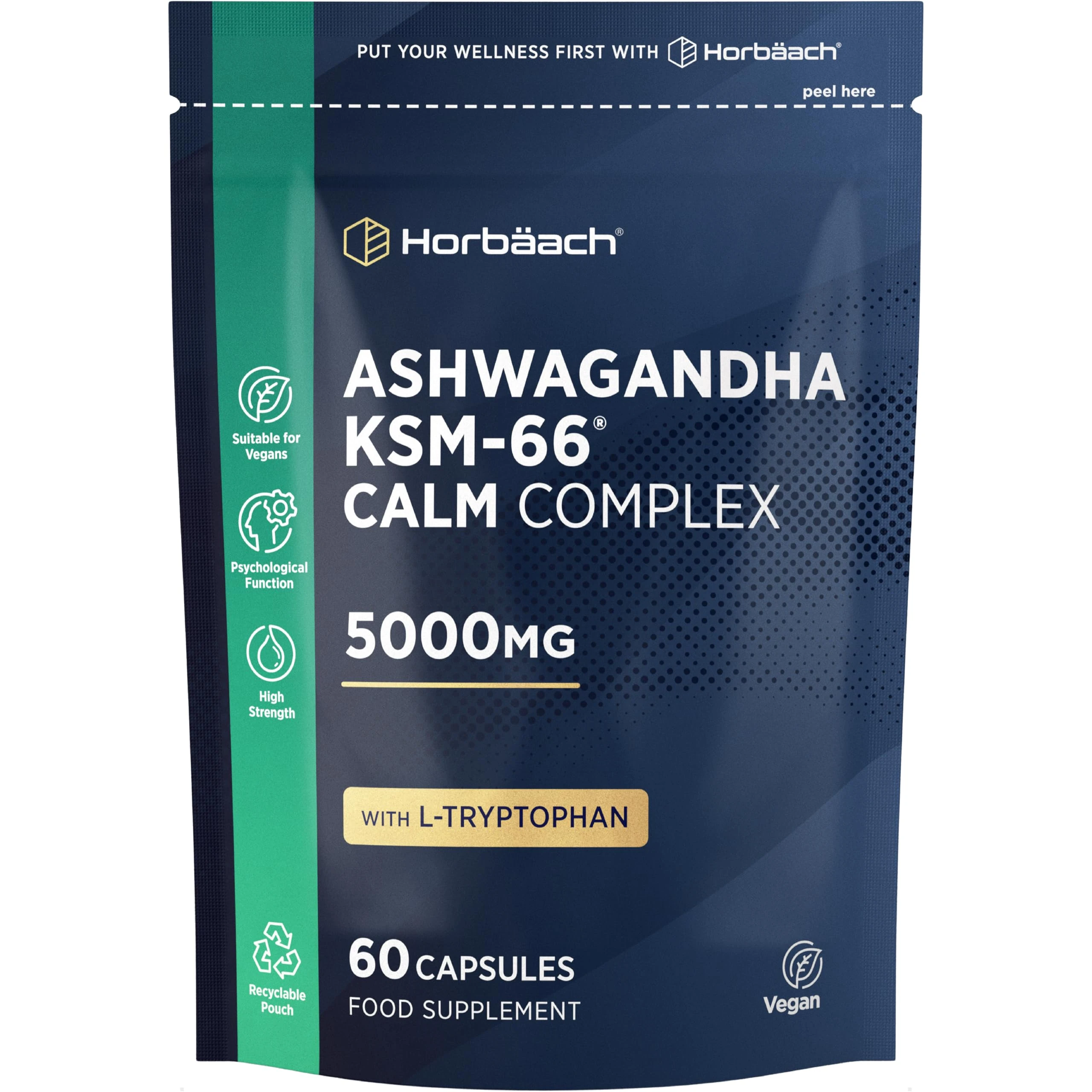 Ashwagandha KSM-66 Complex 5000mg | Enhanced with Amino Acids and B Vitamins (B1, B2, B3, B6 & B12) | Calm Formula for Men & Women | 60 Vegan Capsules | by Horbaach