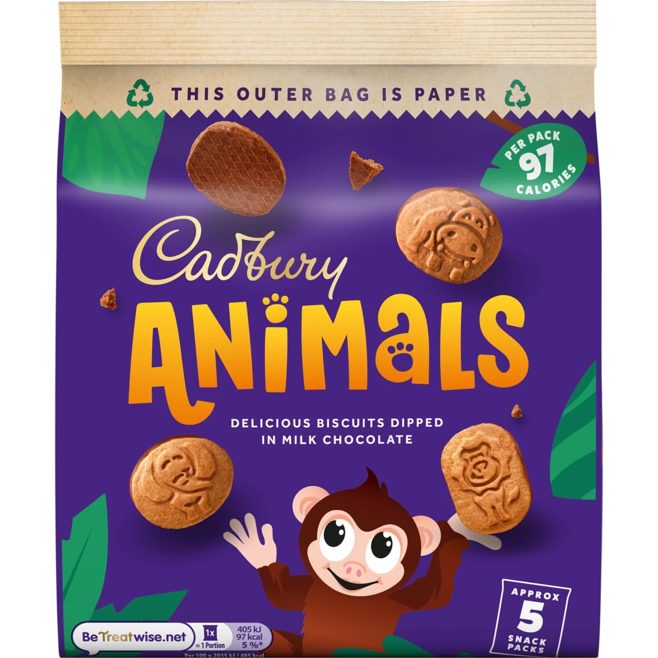Cadbury Animals Mini Biscuits, Fun Animal Shaped Biscuits for Kids, 5 19.9 g Snack Packs (Pack of 1)