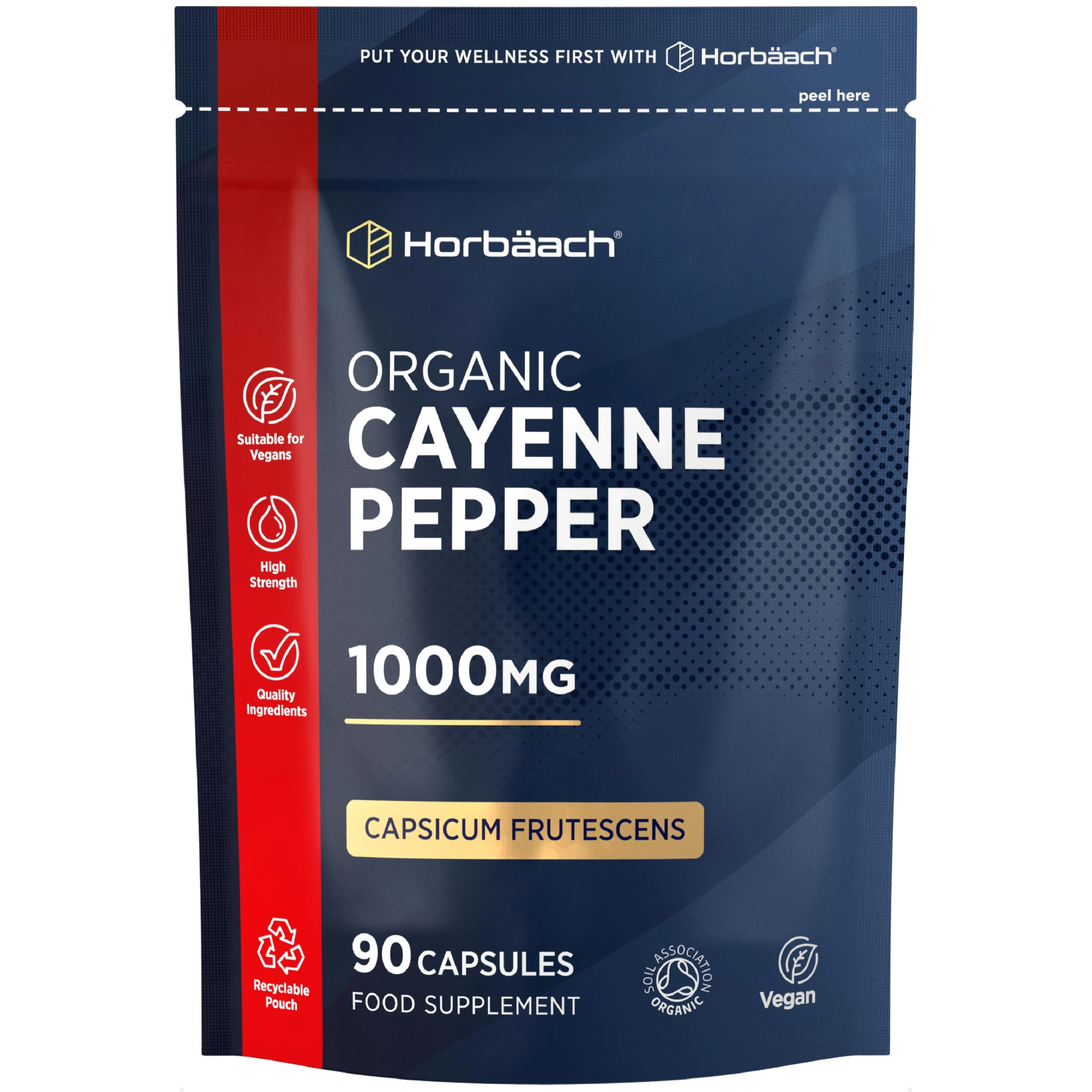Organic Cayenne Pepper 1000mg | Up to 100,000 Scoville Heat Units (SHU) | 90 Capsules | Capsicum Frutescens Powder | Suitable for Vegans & Vegetarians | by Horbaach