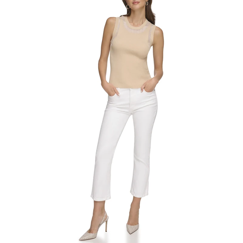 DKNY Women's Mesh Sleeveless Knit Top Fashion Vest, Sandalwood, M