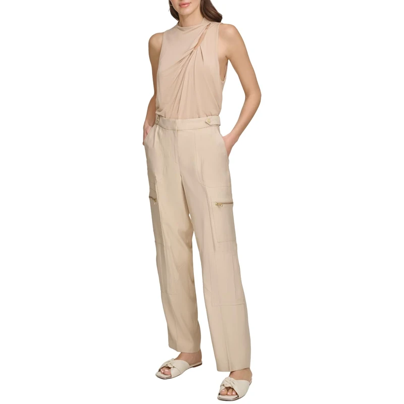 DKNY Women's Tailored Frosted Twill Cargo Casual Pants, Sandalwood, 40 EU