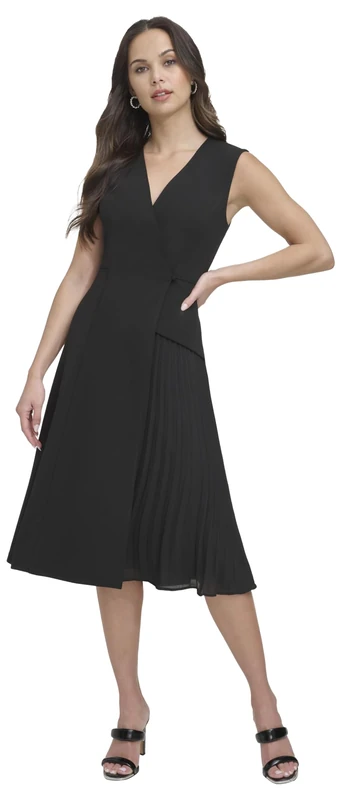 DKNY Women's Sleeveless Asymmetrical Pleats Midi Skirt Cocktail Dress, Black, 10