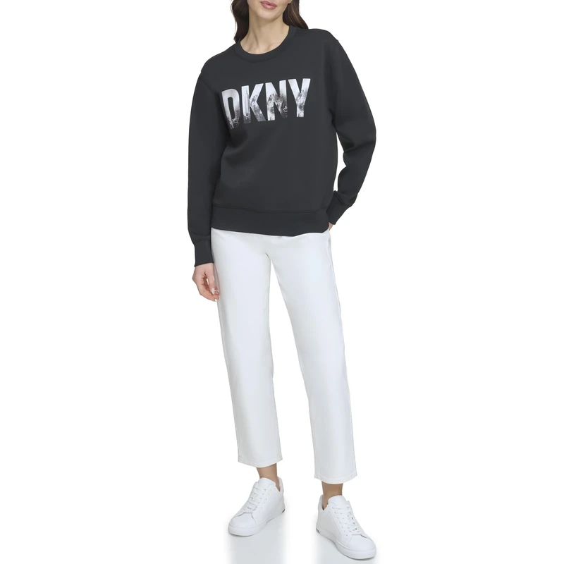 DKNY Women's Skyline Logo Crewneck Pullover Sweater, Black, XS