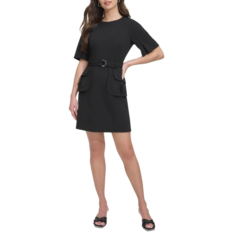 DKNY Women's Short Sleeves Utility Dress with Ring Trims Casual, Black, 10