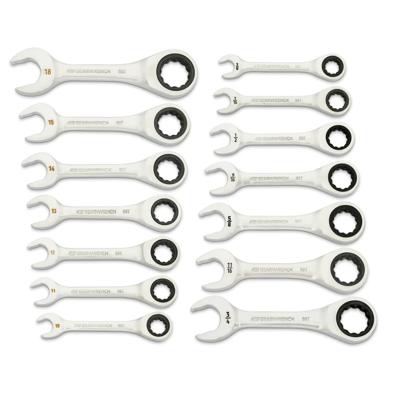 GEARWRENCH 14 Piece 90-Tooth 12 Point Stubby Combination Ratcheting Wrench Set, SAE & Metric | 3/8" to 3/4" & 10mm to 18mm| 86859
