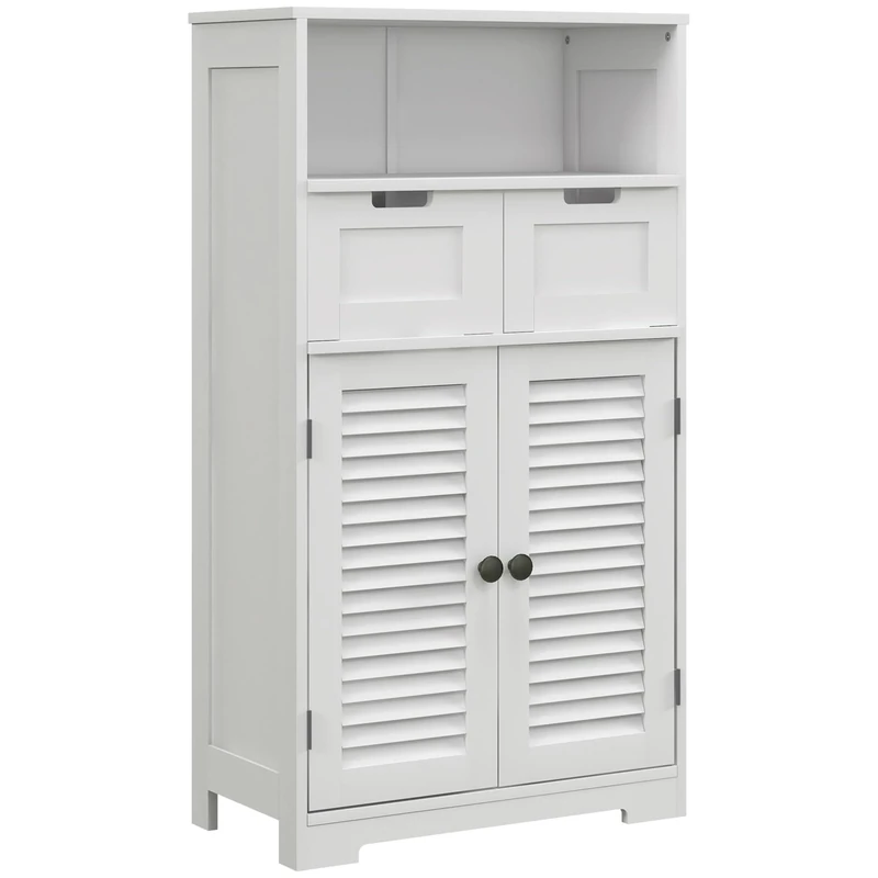 kleankin Bathroom Cabinet with Drawers, Bathroom Storage Cabinet with Louvred Doors, Open Compartment and Adjustable Shelf for Washroom, White