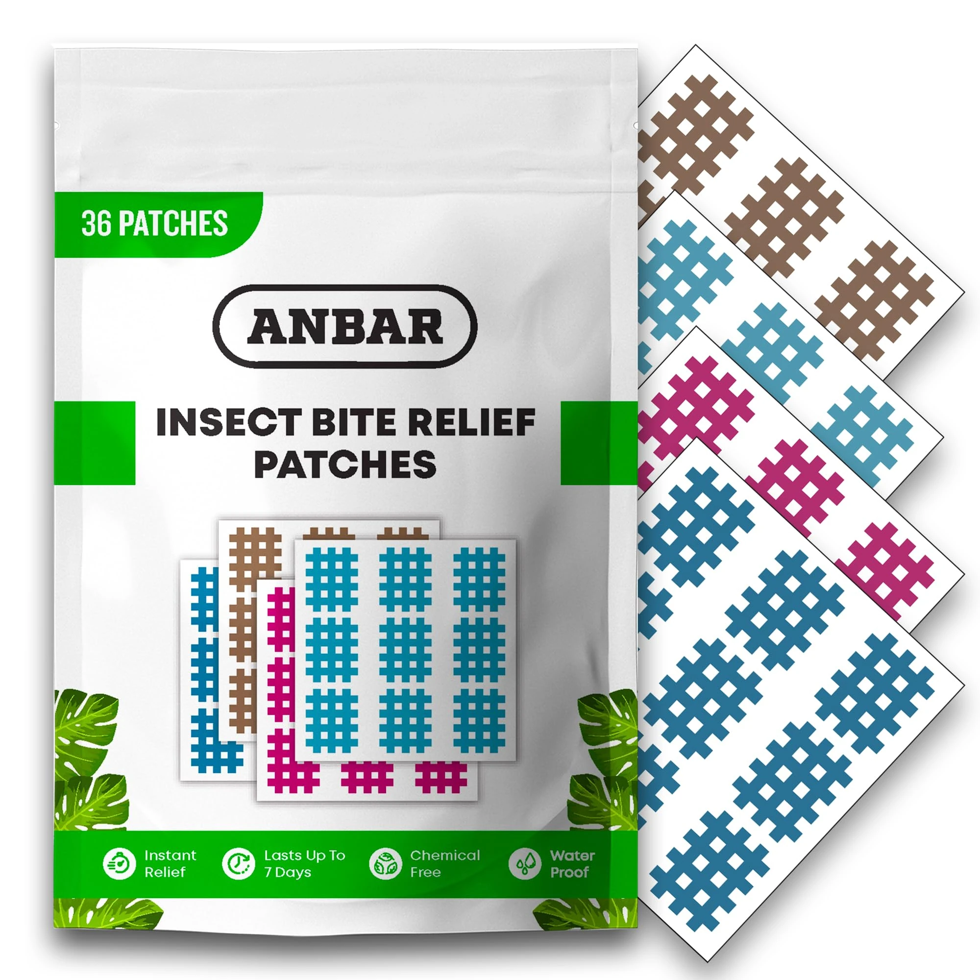 Anbar Bug Bite Itch Relief Patches to Relieve Itchy Irritation and Swelling, Mosquito, Tick, Midge, Fly, and Sandfly Post-Bite Skincare, Natural Deet-Free Patch, 36 Pcs