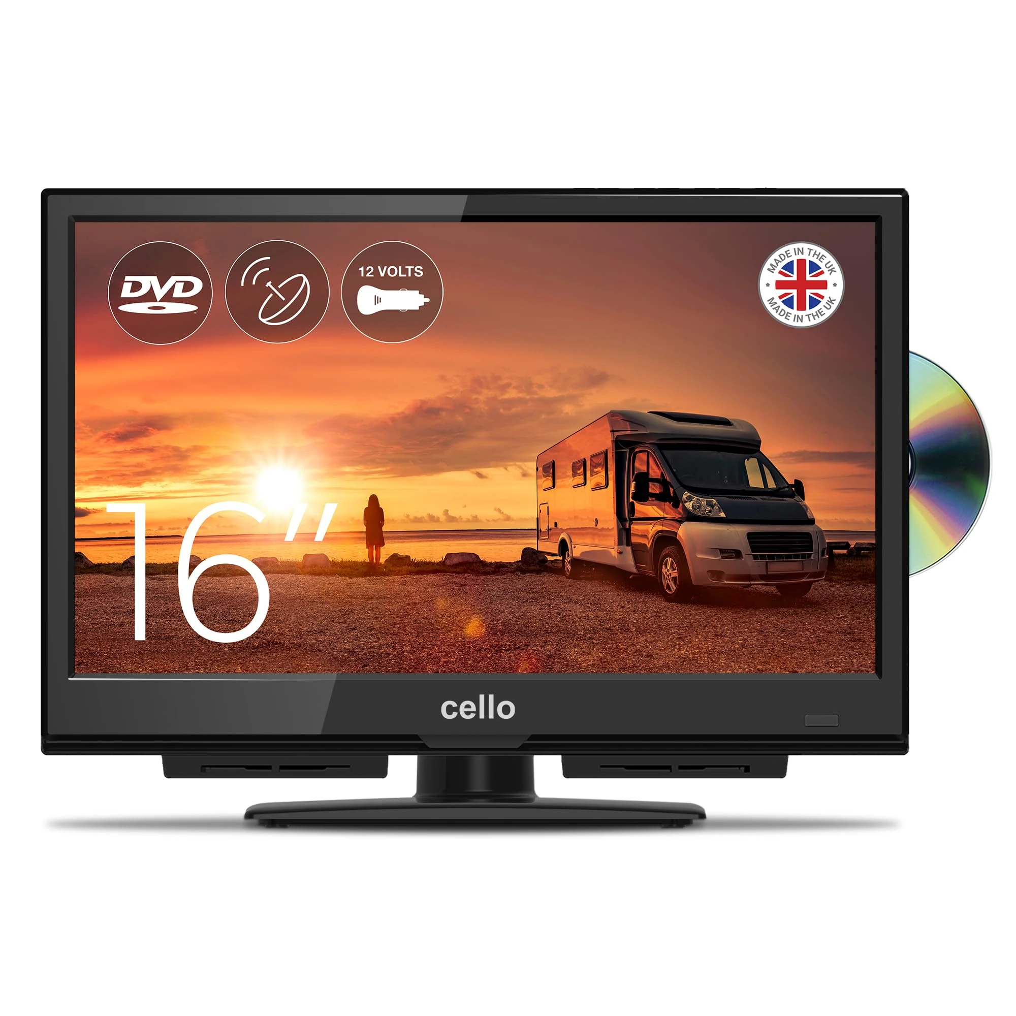 Cello 12 Volt 16 inch LED TV Made in the UK with Built-in DVD Freeview Play Freesat and Pitch Perfect Speakers Compact Screen for Campervans Motorhomes HGVs and Boats