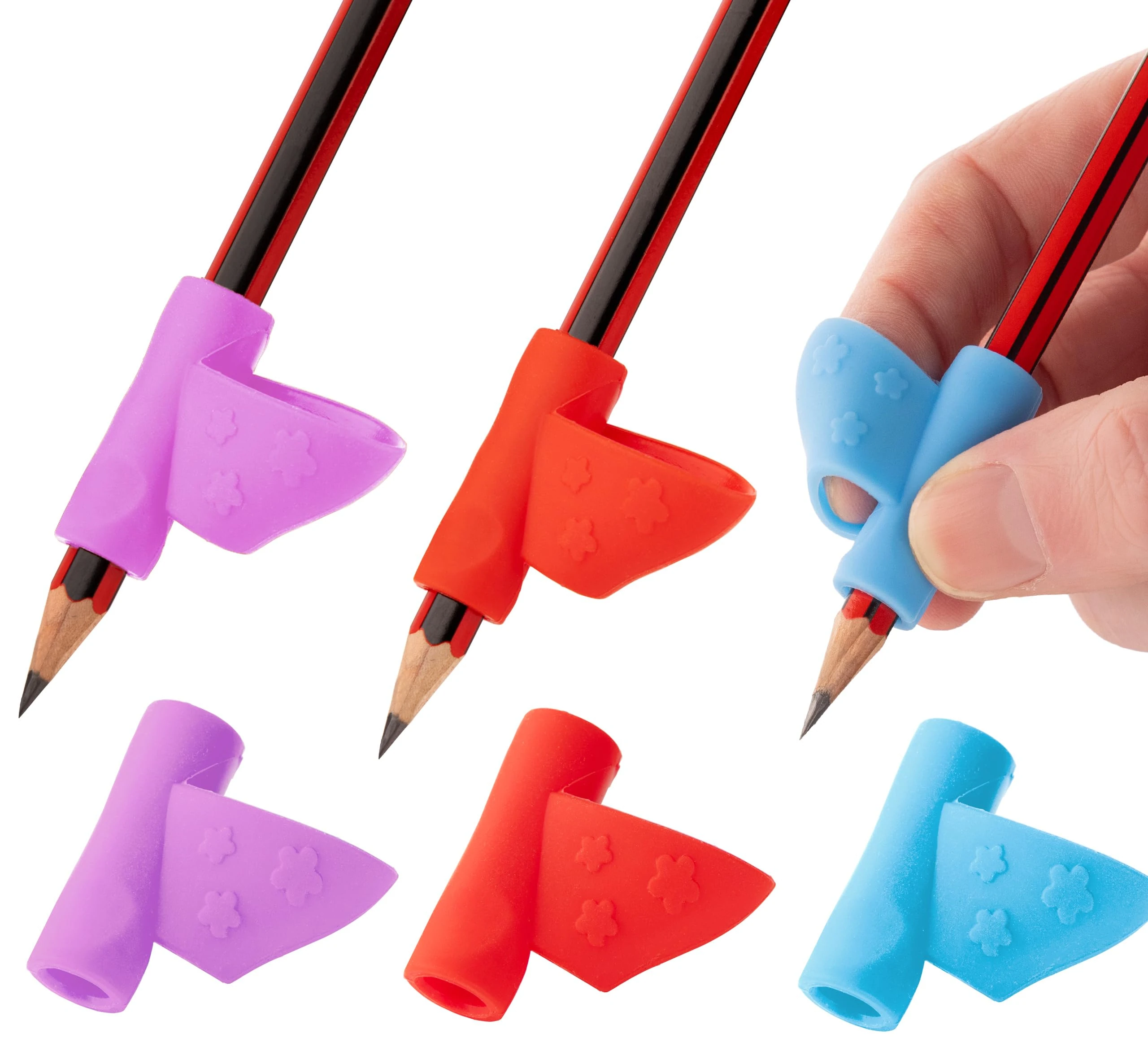 Stylo 3 Pack Pencil Grips for Children Handwriting,Multi-Color Designs, Assorted - For Left and Right Handed Children - Comfortable Writing Aid for Improving Handwriting (Red, Blue, Purple)