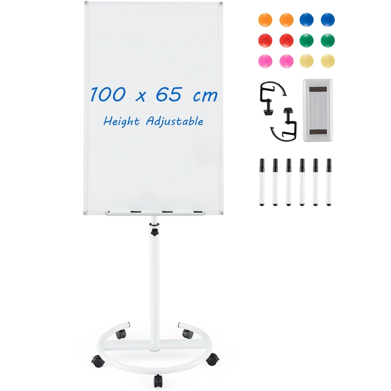 CASART Flip Chart White Board, Height Adjustable Dry Erase Board with Stand, Eraser, Magnets & Paper Clips, 100 x 65 CM Mobile Magnetic Whiteboard for Home Office Classroom (White)