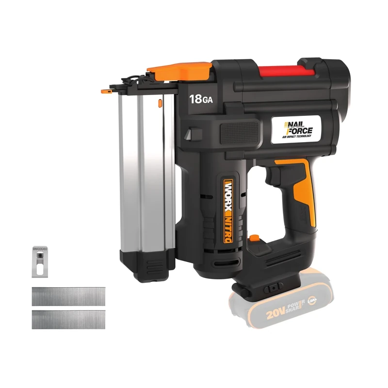 WORX WX842.9 Cordless Nail Gun with Air Impact Technology Quick-Load Magazine & Dual LED Lighting - Battery Powered 18 Gauge Brad Nailer for Wood - Tool Free Jam Release & Depth Adjustment - Tool Only