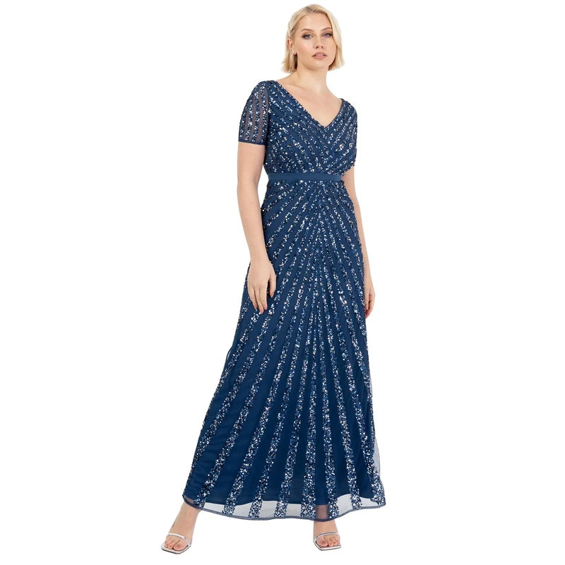 Maya Deluxe Womens Maxi Ladies Embellished Sequin Long Short Sleeve V Neck High Empire Waist Cut Shiny Prom Wedding Bridesmaid Dress French Navy Size 14