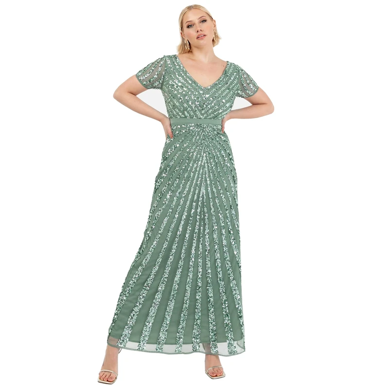 Maya Deluxe Womens Maxi Ladies Embellished Sequin Long Short Sleeve V Neck High Empire Waist Cut Shiny Prom Wedding Bridesmaid Dress Deep Mint Size 14