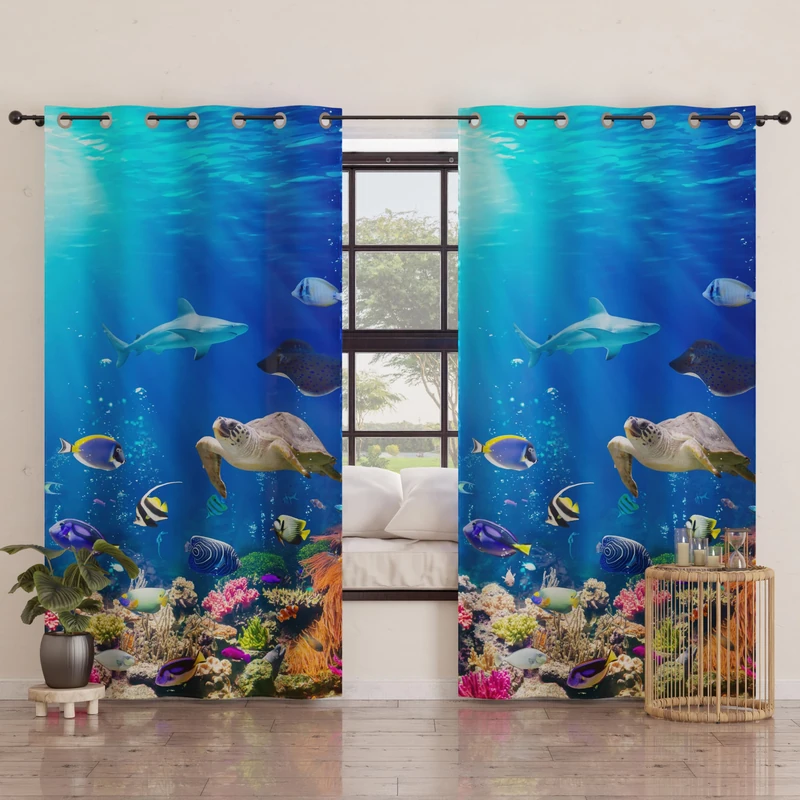 PETTI Artigiani Italiani - Panel Curtains for Interior with Rings 2 Pieces 140 x 280 cm, Blackout Curtain for Bedroom and Living Room, Modern, Aquarium, 100% Made in Italy