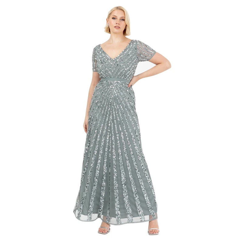 Maya Deluxe Womens Maxi Ladies Embellished Sequin Long Short Sleeve V Neck High Empire Waist Cut Shiny Prom Wedding Bridesmaid Dress Misty Green Size 6