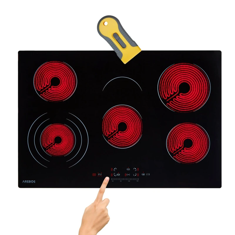 Arebos glass ceramic hob | 8700 W | 5 hobs | 77 cm | self-sufficient | incl. three-ring zone and roasting zone | with Sensor Touch | childproof lock | overheating protection | auto shut-off