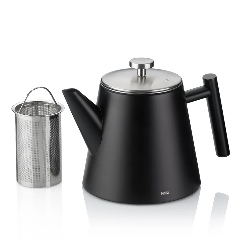 kela teapot with strainer insert, stainless steel teapot 1l MODENA, double-walled tea pot for loose tea and tea bags, tea maker, black matt