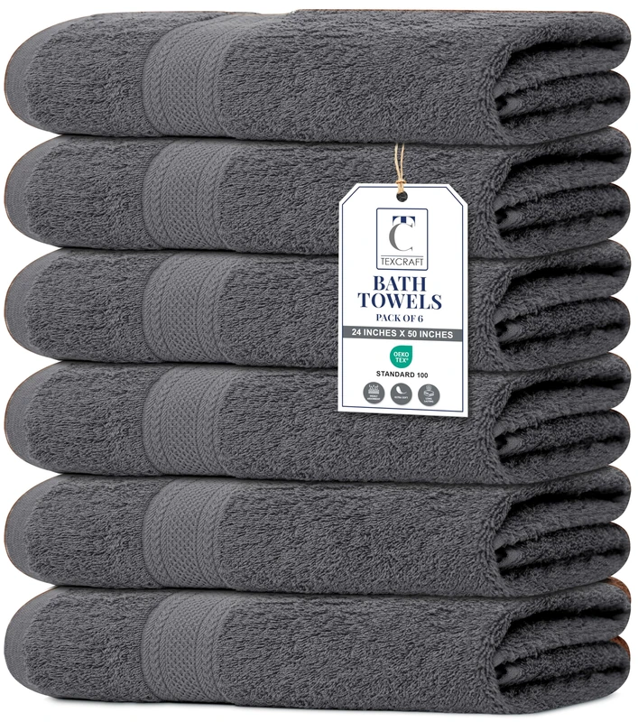 TEXCRAFT Bath Towel Set, Charcoal Grey Cotton Terry Towels for Bathroom, Quick Dry, Lightweight, Highly Absorbent, Soft Feel, 24 x 50 Pack of 6 for Shower, Pool, Spa, Gym, Hand Towel for Daily Use