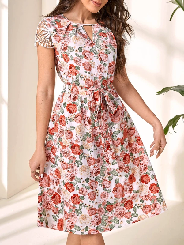 Redesyn Floral Print Lace Belted Dress - Multicolor Medium