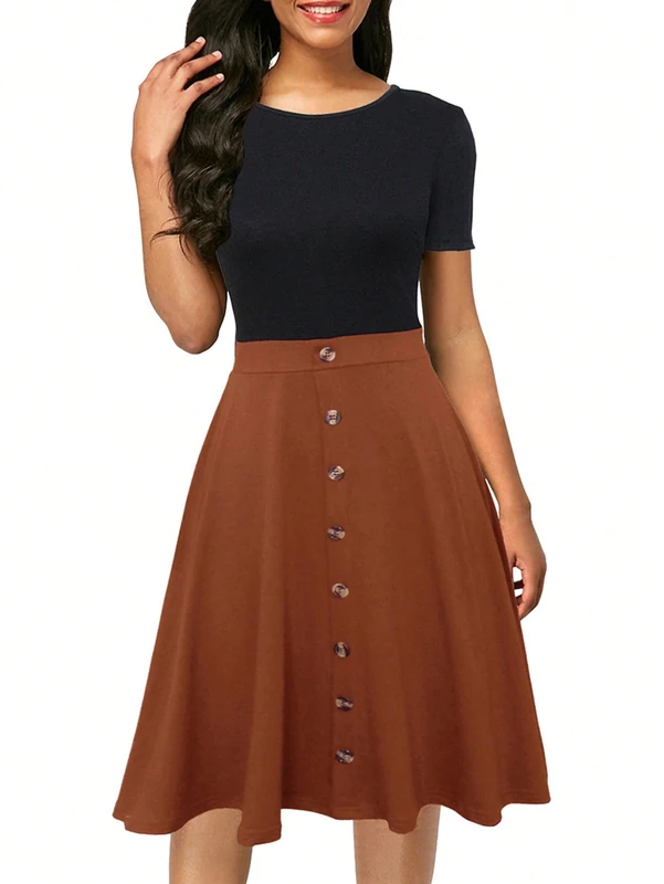 AlexandreHouse Redsyn Two Tone Button Front Dress (Color : Multicolor, Size : Medium) - Image 1