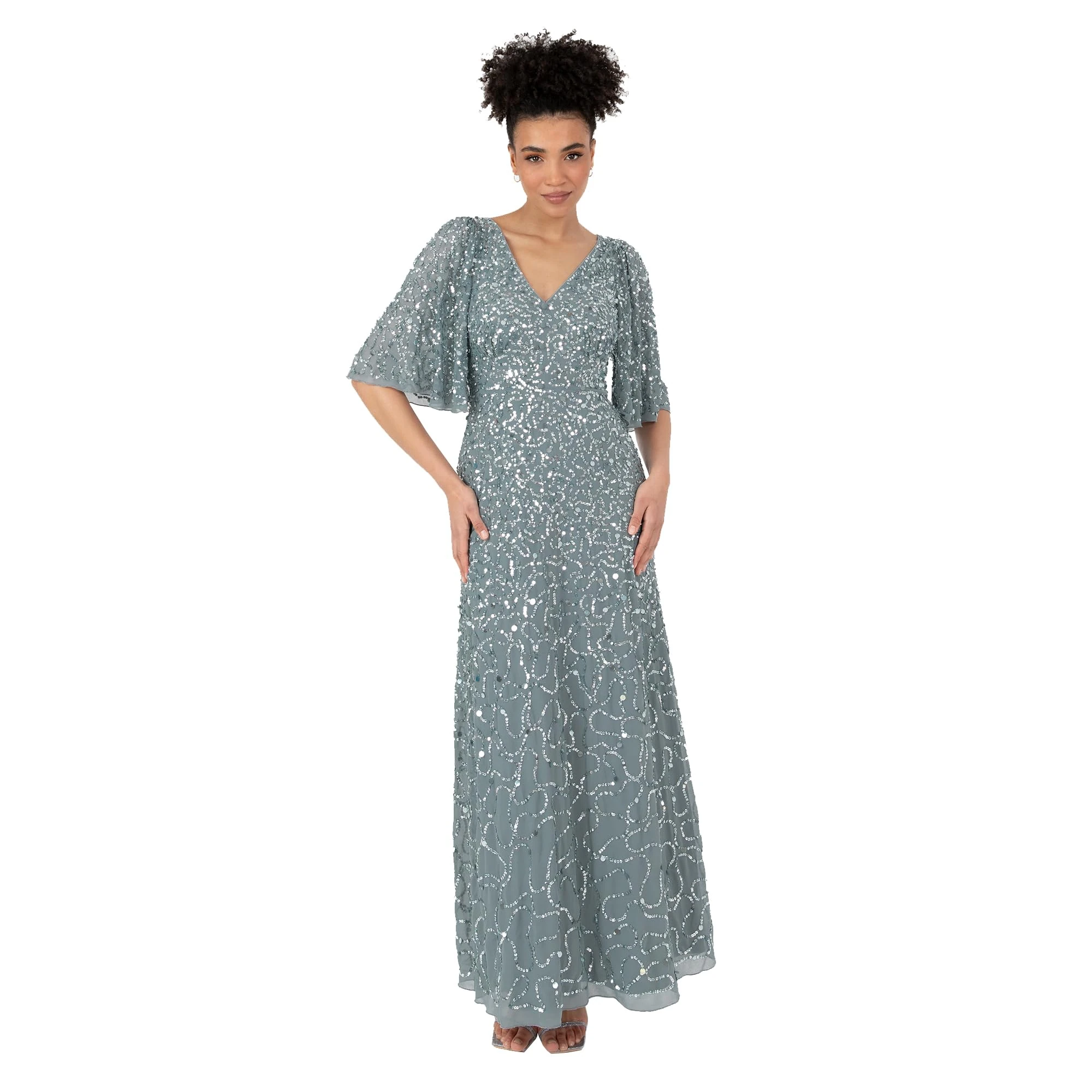 Maya Deluxe Women's Women's Ladies Maxi Dress V-Neck Short Angel Sleeve Sequin Embellished A-line Bridesmaid Wedding Guest Prom Ball Gown Dress, Misty Green,