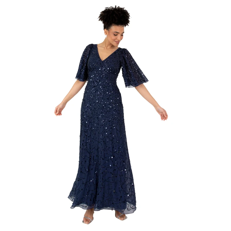 Maya Deluxe Women's Ladies Maxi Dress V-Neck Short Angel Sleeve Sequin Embellished A-line Bridesmaid Wedding Guest Prom Ball Gown Navy Blue 12